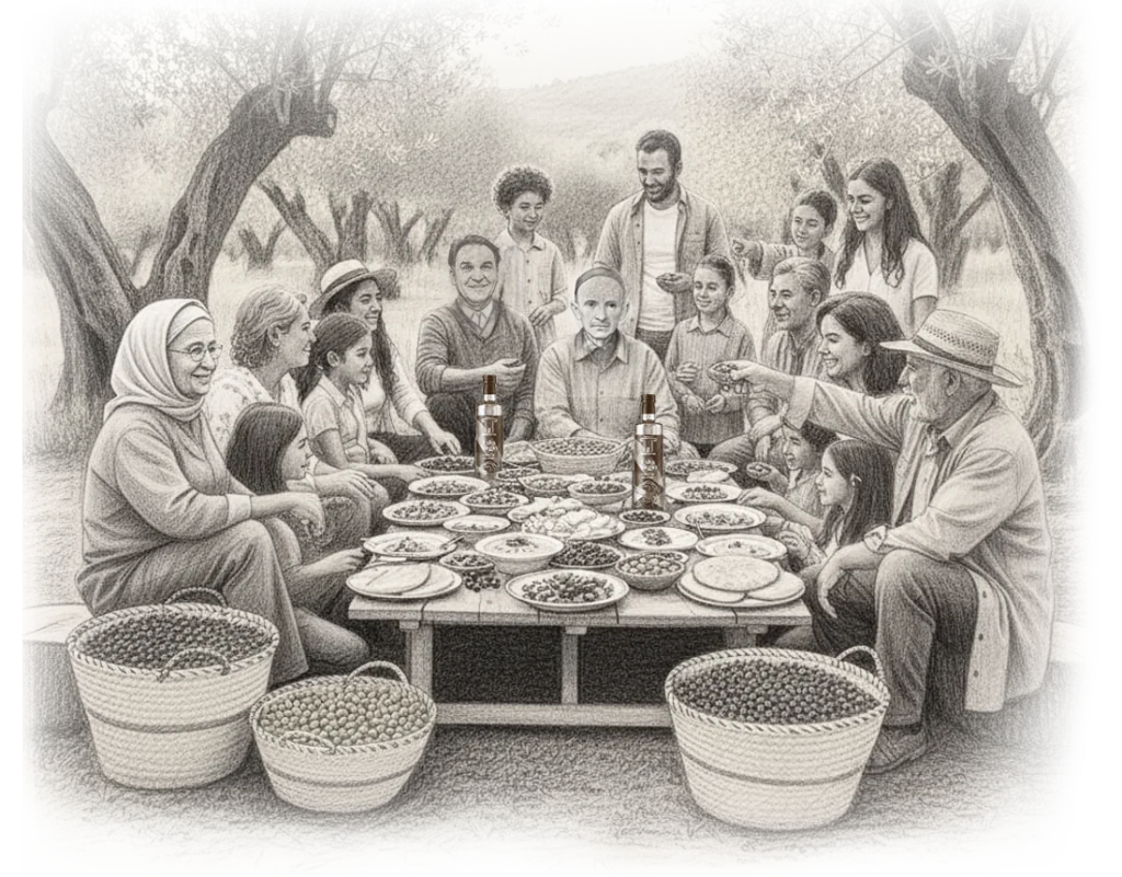 Pencil illustration of a Tunisian family sharing a meal and baskets of freshly harvested olives under the olive trees