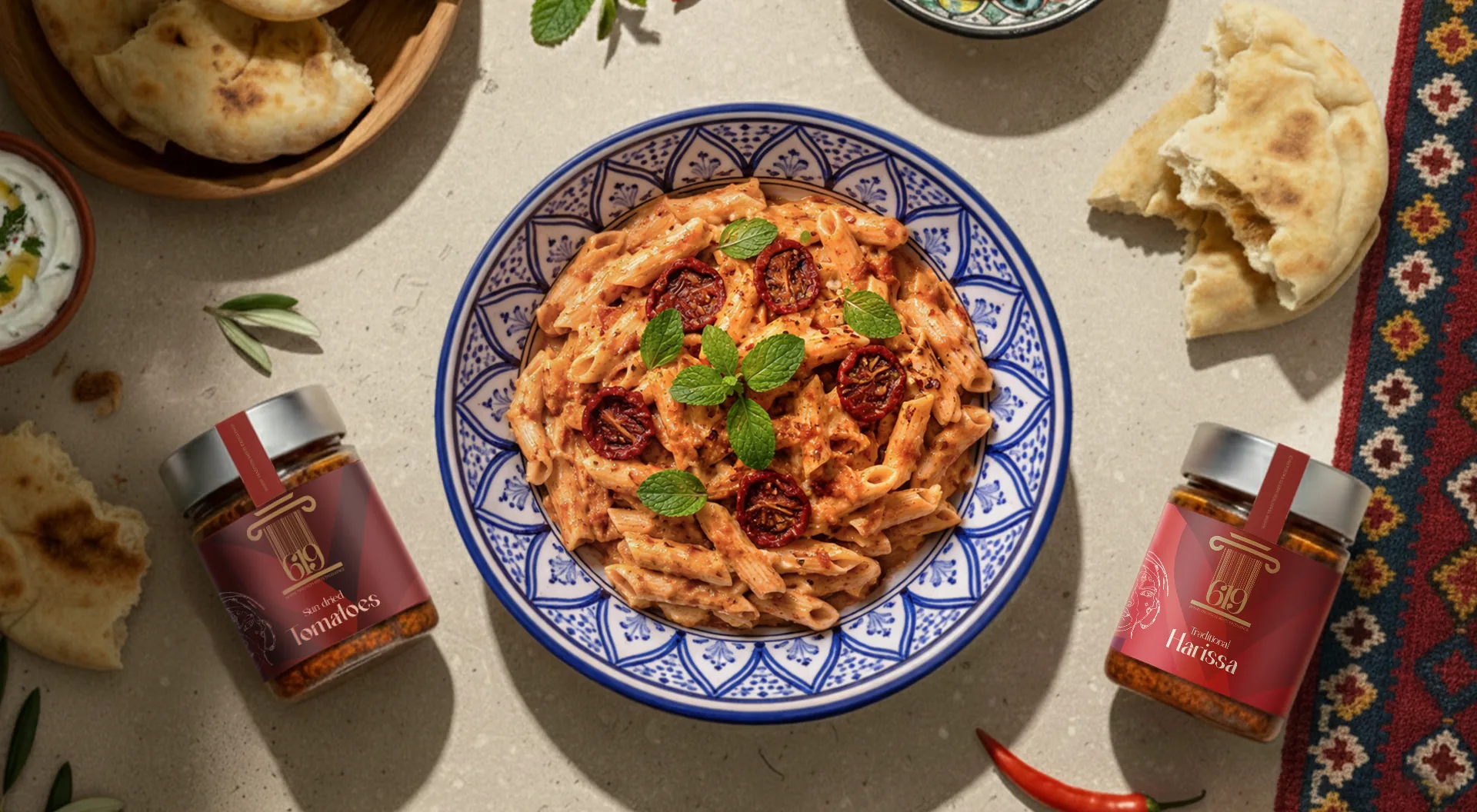 A bowl of penne with sun-dried tomatoes on a Tunisian plate, served with 619 sun-dried tomato and harissa jars and flatbread